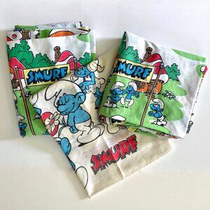 Vintage 1980s Smurf Sheet Set w Fitted Bottom + Flat Top + Pillowcase Peyo Retro
